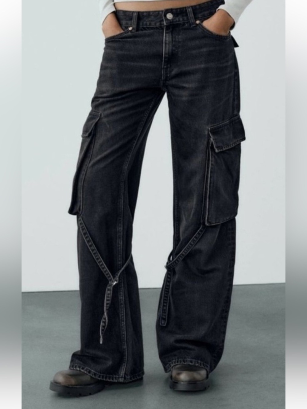 Zara Black Wide Leg Cargo Jeans  Grunge Emo Punk SZ 2